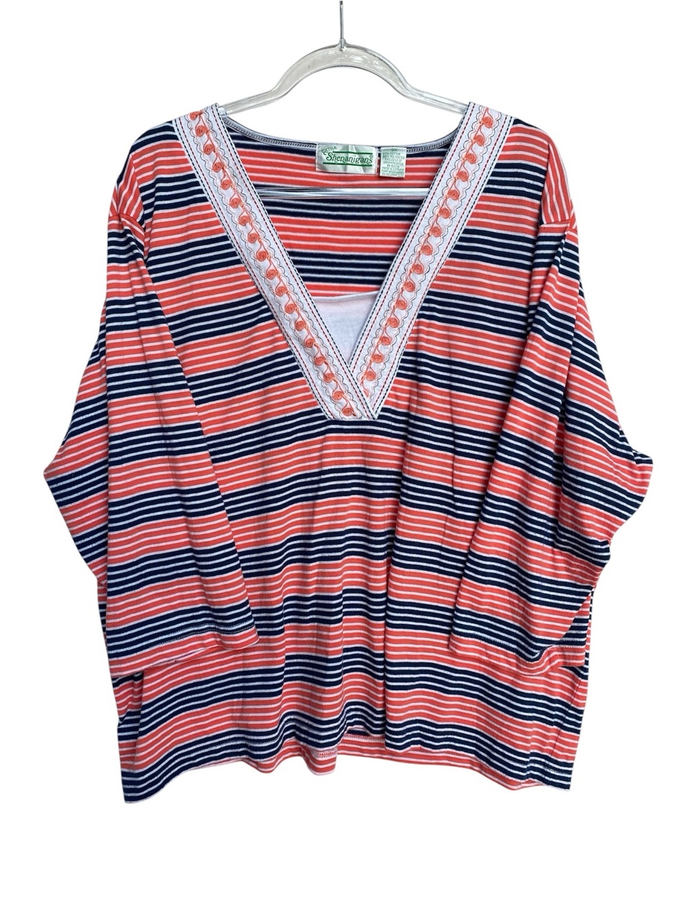 Plus Shenanigans women 3X orange, navy, white striped V-neck 3/4 sleeve
